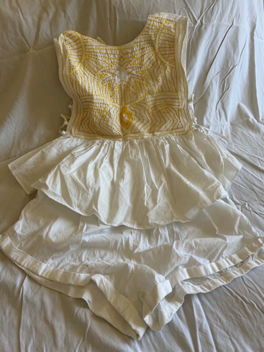 Anthropologie White and Yellow Embroidered Tiered Romper
